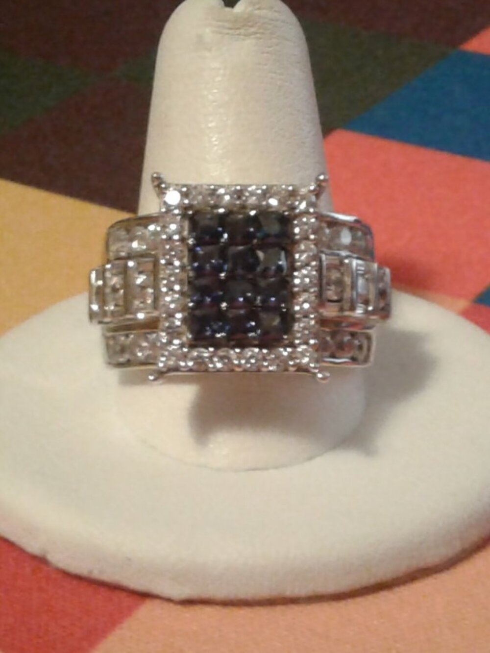 BLN407 Bella Luce Blue Sapphire Simulants Quad Design Ring 5.90ctw. Size 10 LNC